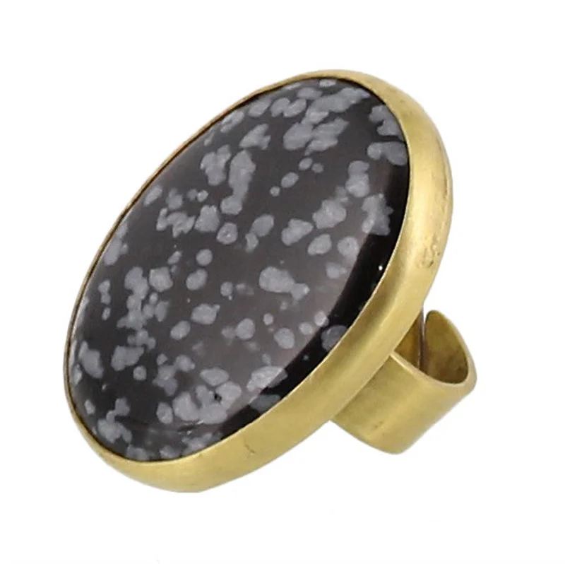 Ladies Sentimental Stone Rings -Brass Bezel Set Ring - Snowflake Obsidian