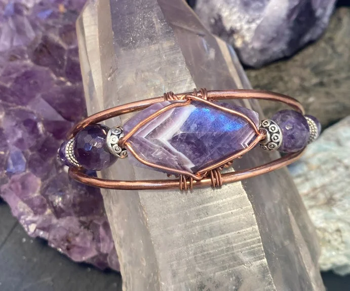 Ladies Bracelets with Cyan Euclase-Amethyst  with Amethyst side Stones Wirewrapped Copper Bracelet