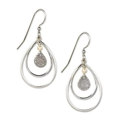 Ladies Uneven Design Earrings -Silver Forest Earrings Silver Layered Oval Teardrop with Pearl Bead