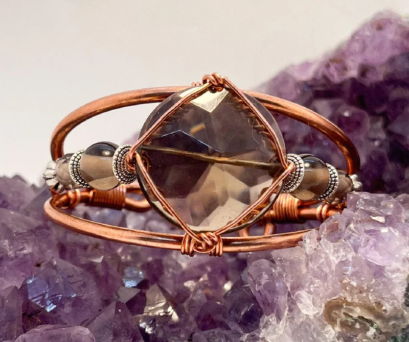 Ladies Bracelets for Travel Shine-Smoky Quartz with Smoky Quartz Side Stones  Crystal Copper Bracelet Wire wrapped Handmade