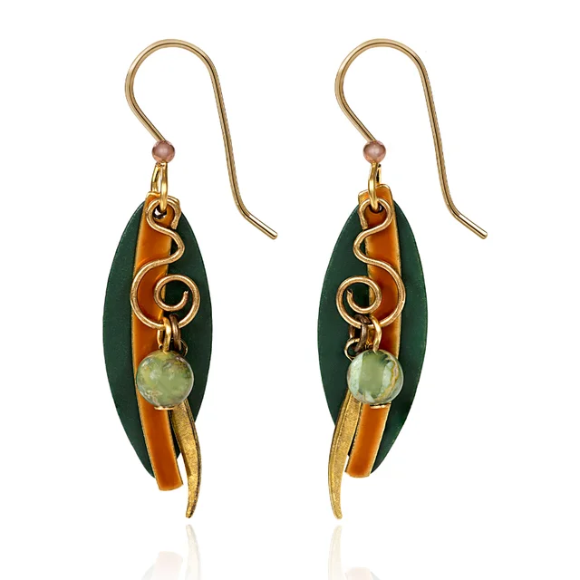 Ladies Dog Bone Earrings -Silver Forest Earrings Layered Long Shapes with Gold Coil and Green Bead