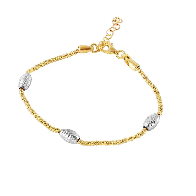 Ladies Bracelets with Teal Cavansite-Gold Plated 925 Sterling Silver Pop Corn Chain Italian Bracelet with Oval Bead Accents - ECB00129GP