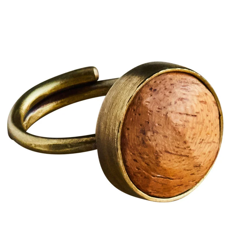 Ladies Glass Stone Rings -Penny Ring, Brass, Light Wood