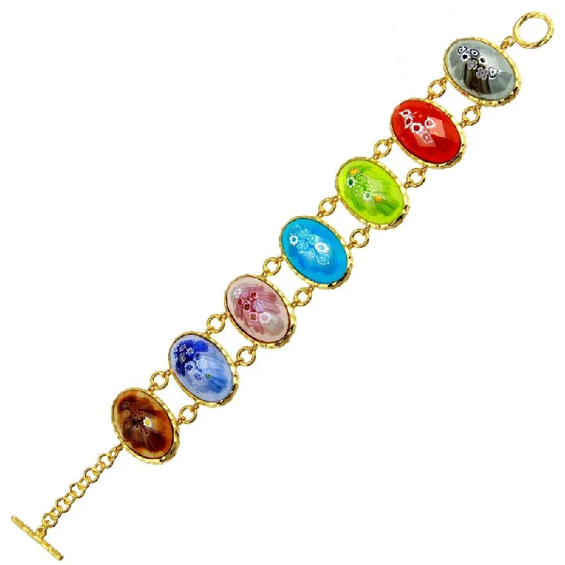 Ladies Bracelets with Blue Dumortierite-Gold Plated 925 Sterling Silver Oval Multi Color Murano Glass Link Bracelet - MB00003