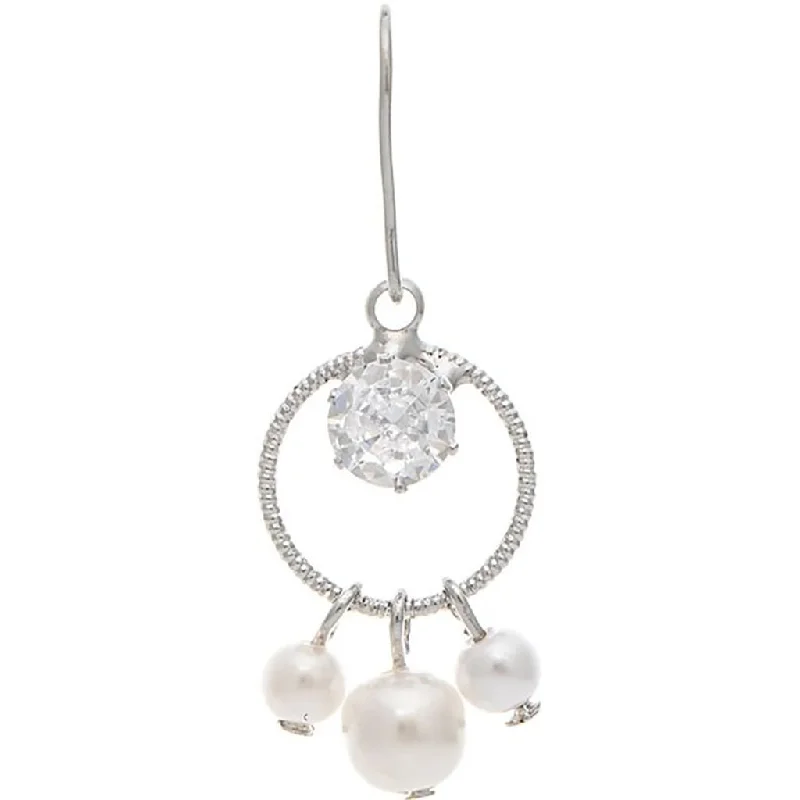 Ladies Moonlit Glow Earrings -Rain : Silver Cubic Zirconia Faux Pearl Circle Drop Earring