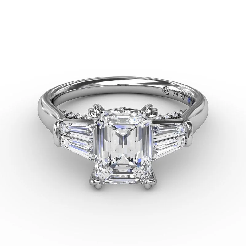 Ladies Leaf Engagement Rings -Emerald-Cut Diamond Engagement Ring With Tapered Baguette Side Stones S3292