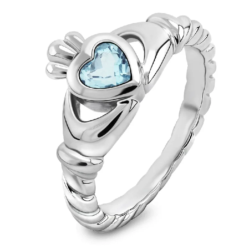 Ladies 22K Gold Rings -Sterling Silver Twisted Shank Sky Blue CZ ULS-16424SB Claddagh Ring