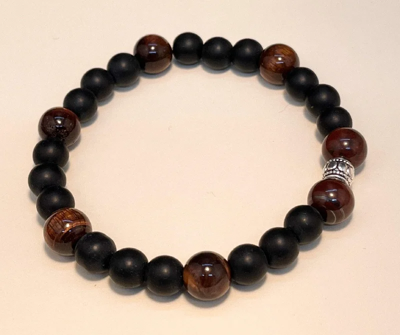 Ladies Bracelets in Warm Gold-Black Onyx with Red Faceted Tigers Eye Stretchy Bracelet