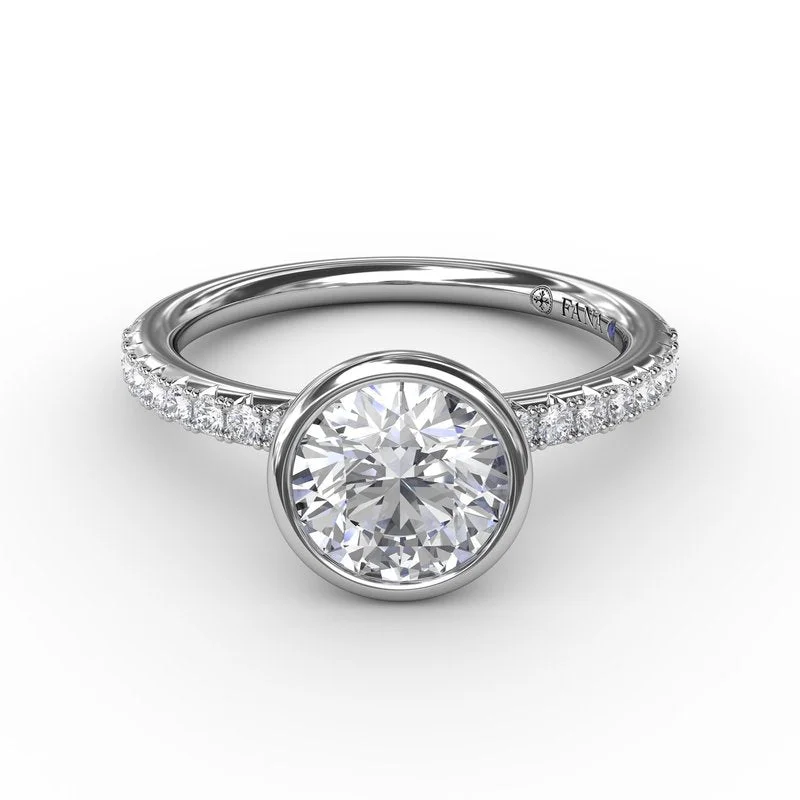 Ladies Moon Engagement Rings -Contemporary Bezel-Set Round Diamond Solitaire Engagement Ring With Diamond Band S3342