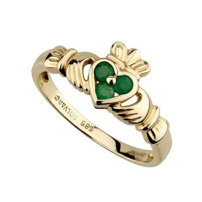 Ladies City Chic Rings -14K Gold 3 Stone Emerald Heart Claddagh Ring - S2466/S2621