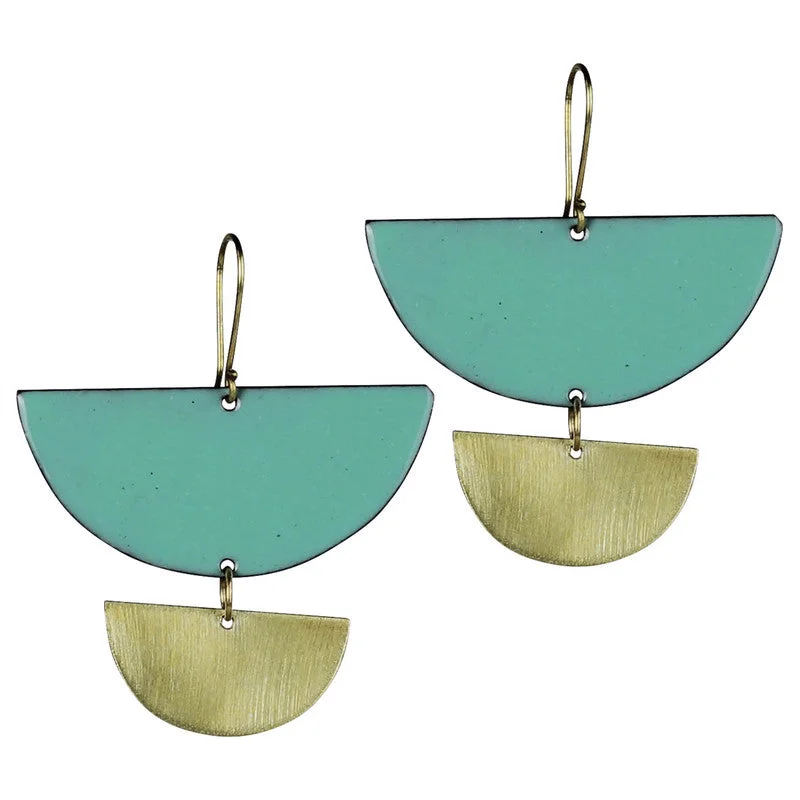 Ladies Stainless Steel Rings -Donte Earring, Two Semi Circles Aqua Enamel & Brass