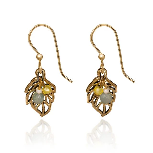 Ladies Thin Dangle Earrings -Silver Forest Earrings Gold Open Leaf with Bead Cascade Drop