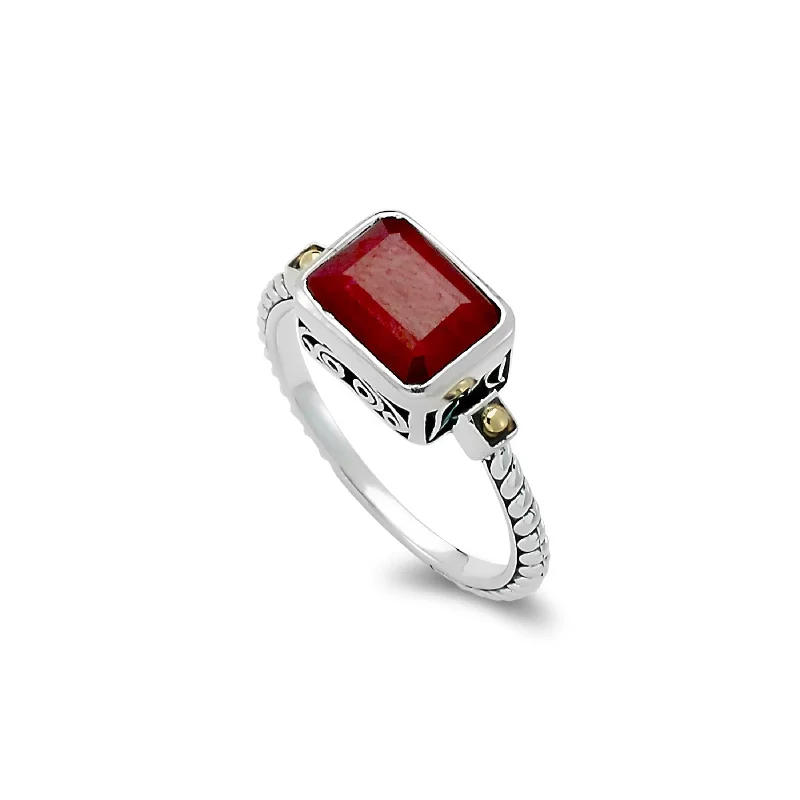 Ladies Solitaire Stone Rings -Rectangular Ruby Ring, Sterling Silver and Yellow Gold