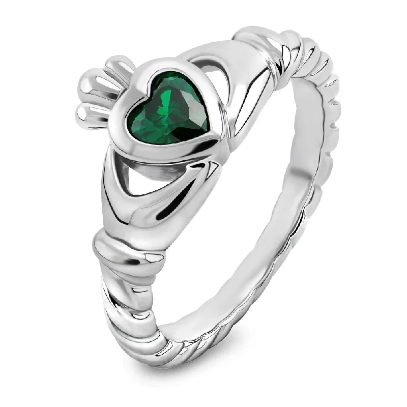 Ladies Swarovski Sparkle Rings -Sterling Silver Twisted Shank Green CZ ULS-16424GR Claddagh Ring