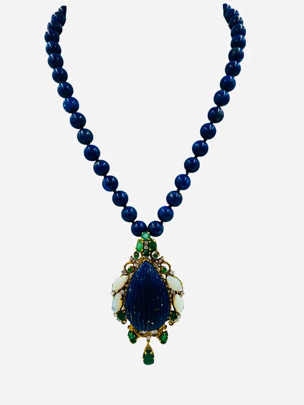 Ladies Necklaces for Evening Charm-Lapis Emerald Opal Diamond Yellow Gold Pendant Necklace Circa 1970s