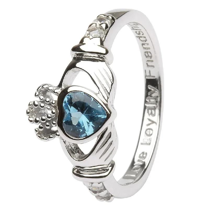 Ladies Uplifting Rings -DECEMBER Birthstone Silver Claddagh Ring LS-SL90-12 Inscribed with "Love Loyalty Friendship"