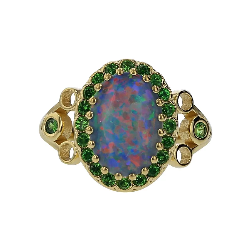 Ladies Festive Gem Rings -18K Gold Cabochon Black Opal and Tsavorite Halo Ring