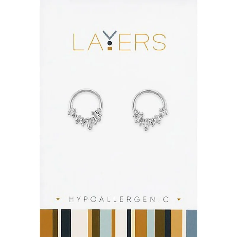 Ladies Healing Crystal Earrings -Center Court : Silver Double Circle w/ CZ's Stud Layers Earrings