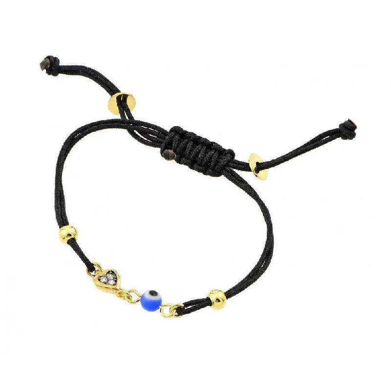 Ladies Bracelets with Lotus Glow-Silver 925 Gold Plated Heart Evil Eye CZ Black Cord Bracelet - BGB00199