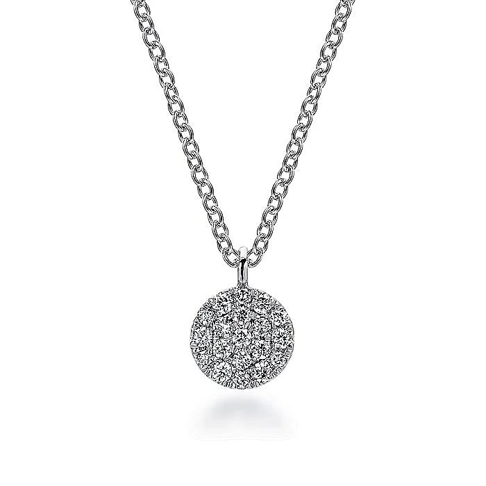 Ladies Necklaces with Moon Pendant-Diamond Pave Disc Necklace in White Gold by Gabriel & Co.