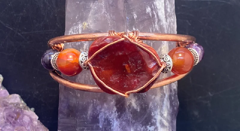 Ladies Bracelets with Soft Morganite-Carnelian Rough Cut w/Amethyst Copper Bracelet Wire wrapped Handmade