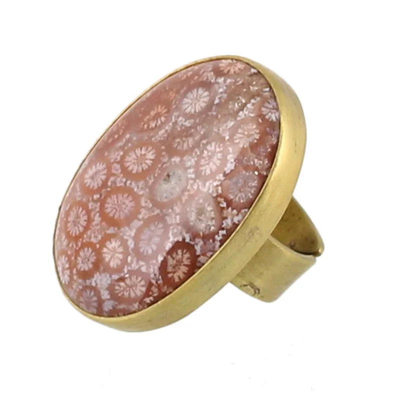 Ladies Family Crest Rings -Brass Bezel Set Ring - Fossilized Coral