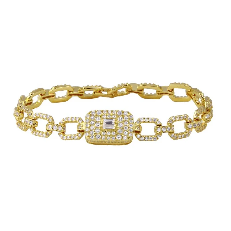 Ladies Bracelets with Leaf Spark-Gold Plated 925 Sterling Silver Square Link CZ and Baguette Bracelet - GMB00103GP