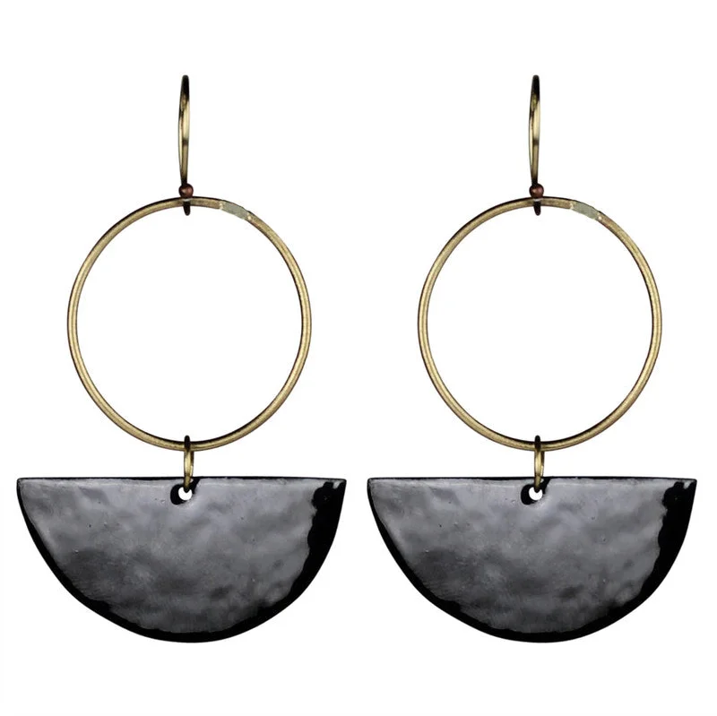 Ladies Emerald Cut Rings -Donte Earring, Hoop With Semi Circle Black Enamel & Brass