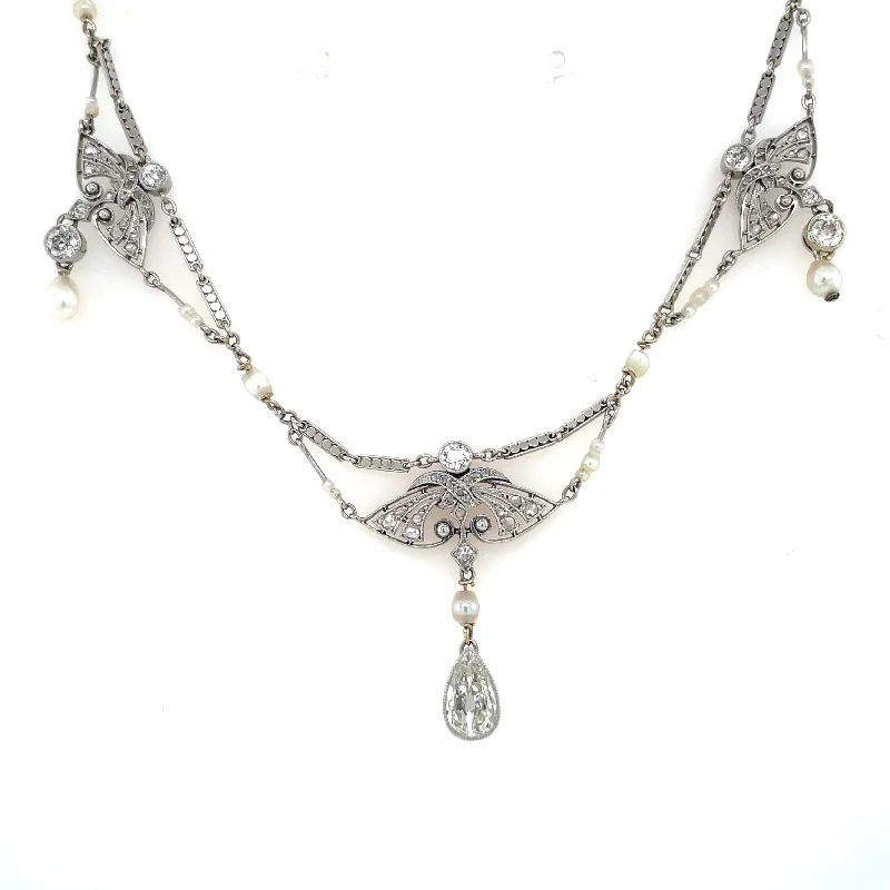 Ladies Necklaces with Brown Andalusite-Edwardian Diamond Natural Pearls Necklace in Platinum