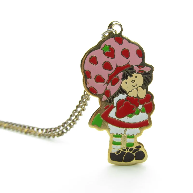 Ladies Necklaces with Diamond Drops-Strawberry Shortcake Necklace Gold Enamel Charm on Chain