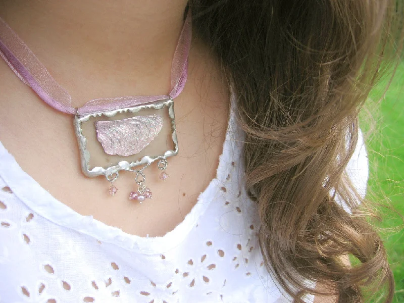 Ladies Necklaces with Aqua Hemimorphite-Fairy Wing Necklace with Pink Crystals, Soldered Glass Pendant