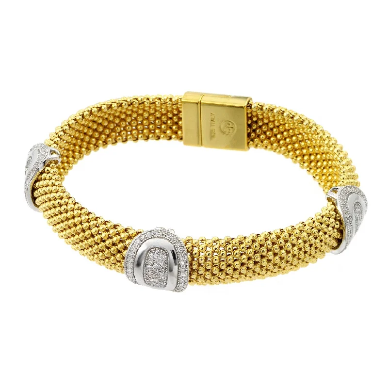 Ladies Bracelets Sterling Spark-Silver 925 Gold Plated Micro Pave Round Oval Clear CZ Beaded Italian Bracelet - PSB00007GP