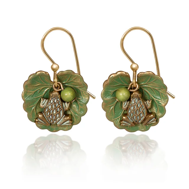 Ladies Mountain Peak Earrings -Silver Forest Earrings Green Frog on Leaf with Bead Gold Drop