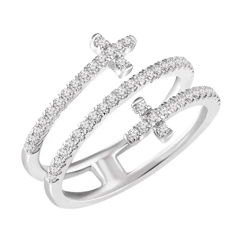 Ladies Soft Tone Rings -Sterling Silver CZ Double Cross Ring