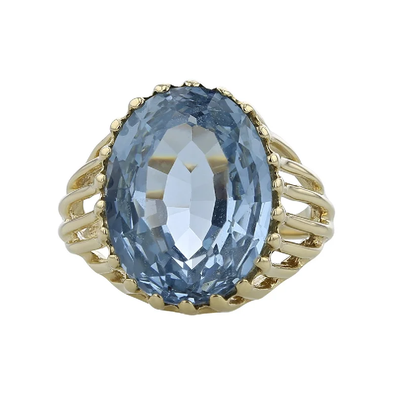 Ladies Gothic Design Rings -14K Yellow Gold 16mm Oval Blue Topaz Ring