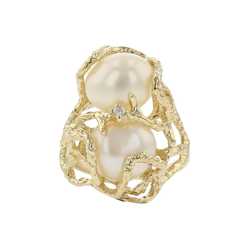 Ladies Pink Quartz Rings -14K Yellow Gold Baroque Pearl Freeform Ring