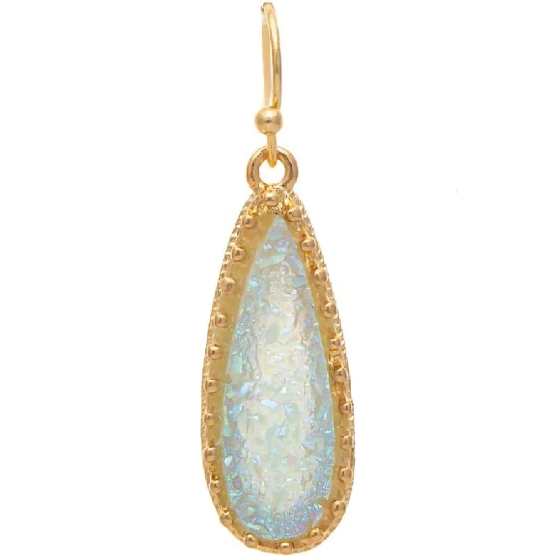 Ladies Dramatic Drop Earrings -Rain :  Gold Light Blue Druzy Teardrop Earring