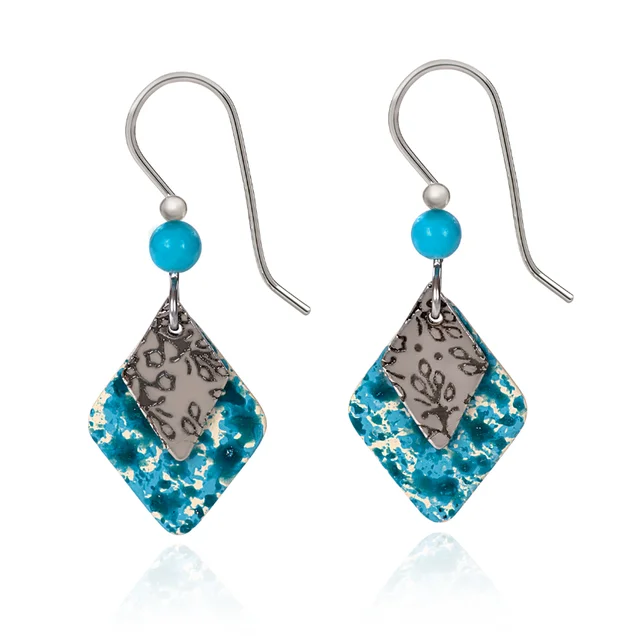 Ladies Dramatic Drop Earrings -Silver Forest Earrings Diamond Duo with Teal Bead