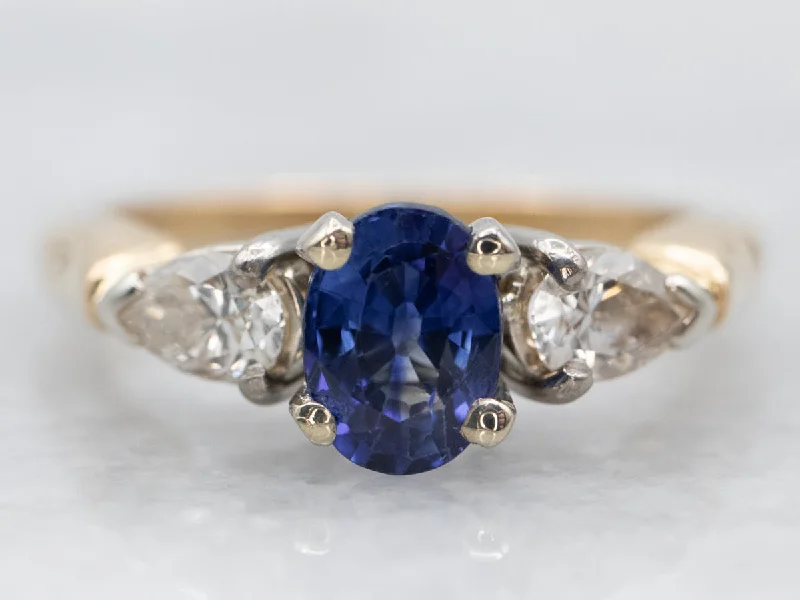 Ladies Claddagh Engagement Rings -Two Tone Sapphire Engagement Ring with Pear Cut Diamond Accents