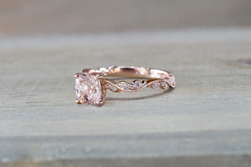 Ladies Best Friend Rings -Floral Cushion Cushion Halo Morganite Ring