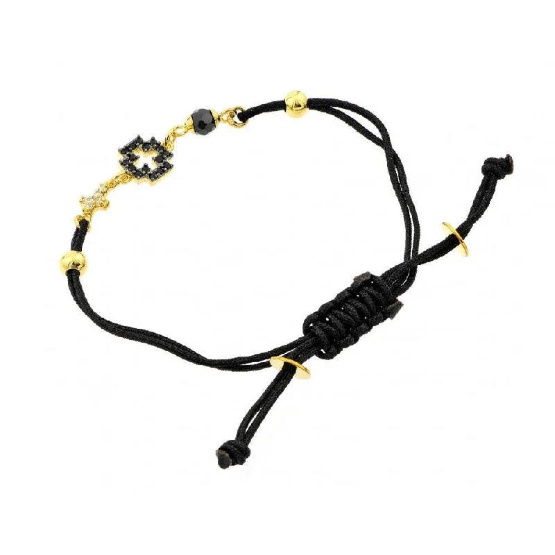 Ladies Bracelets for Hero Shine-Silver 925 Gold Plated Charm CZ Black Cord Bracelet - BGB00192