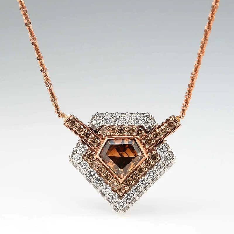 Ladies Necklaces Handmade Charm-GIA 2.59ct Natural Brown Shield Diamond Double Halo Necklace in 14K Rose Gold