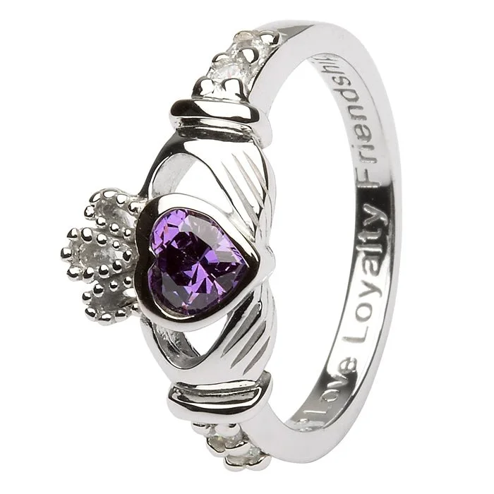 Ladies Space Age Rings -FEBRUARY Birthstone Silver Claddagh Ring LS-SL90-2 Inscribed with "Love Loyalty Friendship"