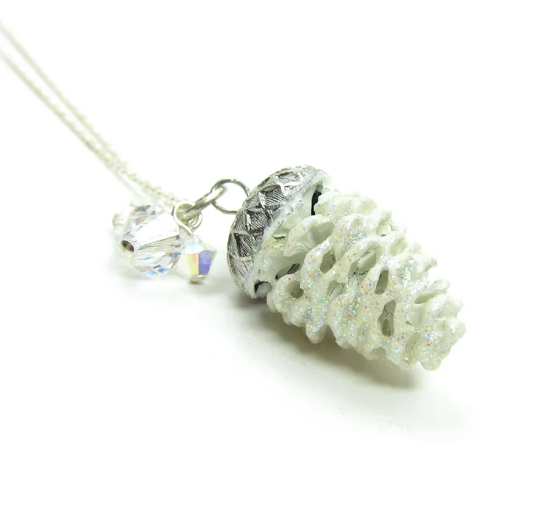 Ladies Necklaces with Leaf Glow-Snowy Pine Cone Necklace with White Charm on Sterling Silver Chain