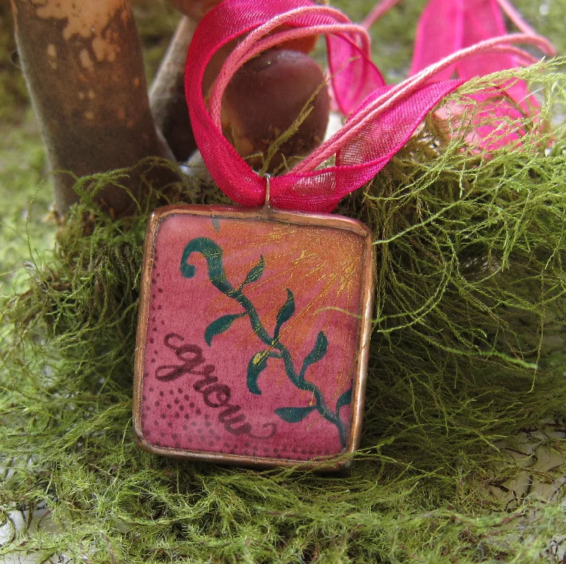 Ladies Necklaces with Lotus Spark-Pink Soldered Glass Copper Pendant Necklace with Watercolor Leaf Art