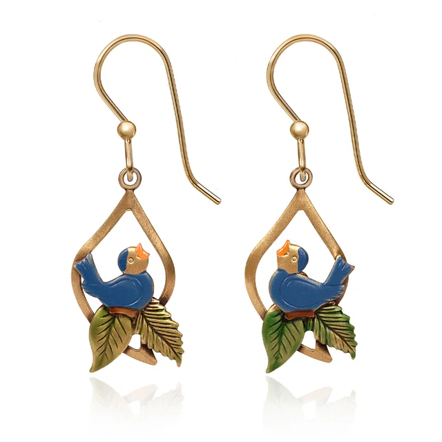 Ladies Elegant Fine Earrings -Silver Forest Earrings Blue Bird on Green Leaves in Open Tree Drop