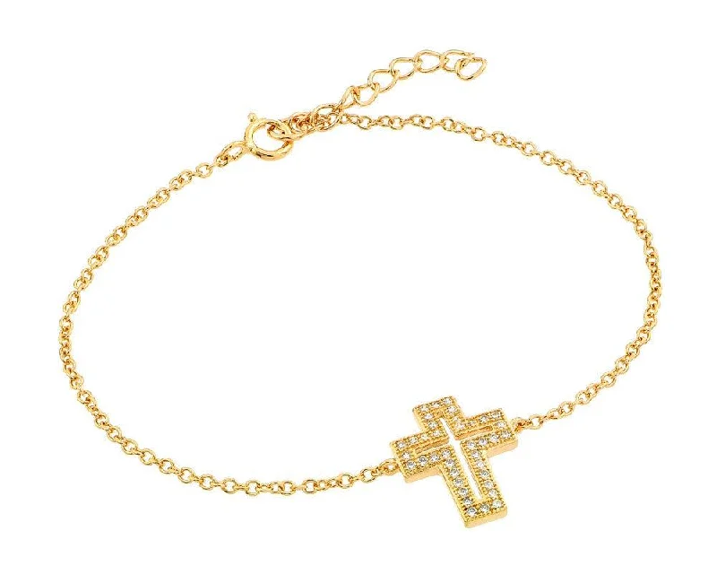 Ladies Bracelets Bold Glow-Silver 925 Gold Plated Open Cross CZ Bracelet - BGB00150