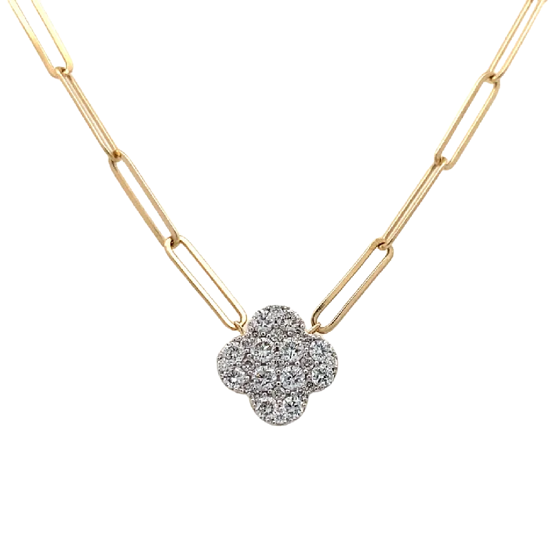 Ladies Necklaces with Cyan Euclase-Diamond Clover Shape Necklace in Yellow Gold