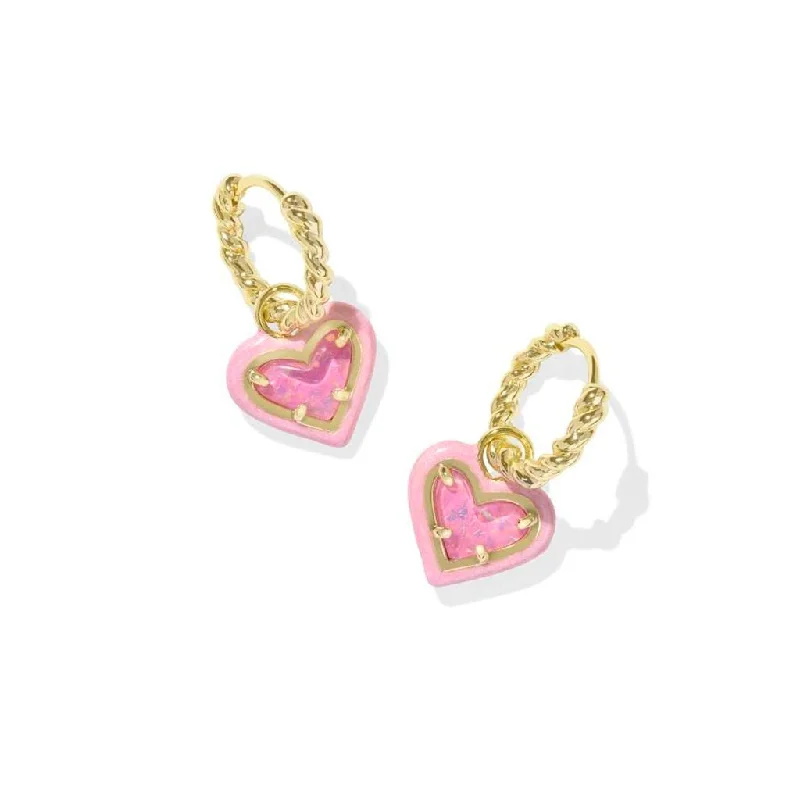 Ladies Gentle Touch Earrings -Kendra Scott : Ari Heart Gold Enamel Frame Huggie Earrings in Pink Iridescent Glitter Glass