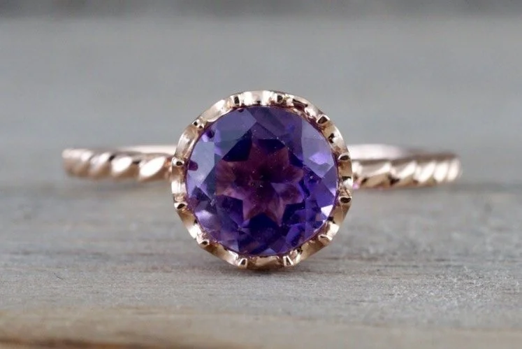 Ladies Anniversary Band Rings -Melrose Amethyst GoldRound Purple Ring Crown Vintage February Birthstone